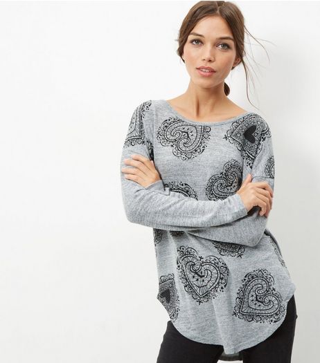 Grey Heart Print Zip Back Top | New Look