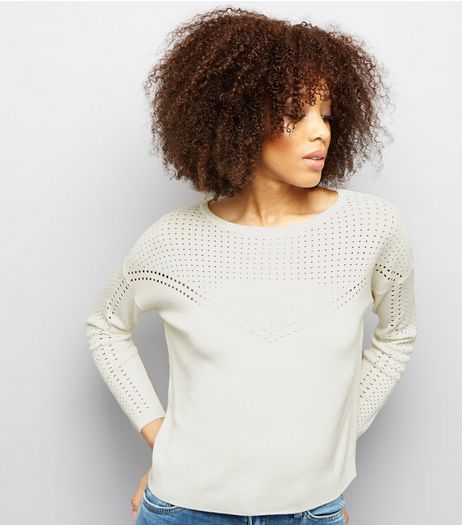 Cream Mesh Cut Out Panel Long Sleeve Jumper | New Look