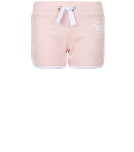 Teens Shell Pink Brooklyn 98 Print Shorts | New Look