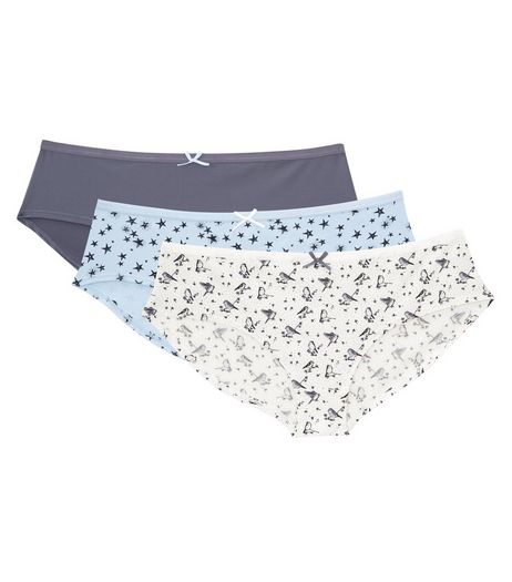 Teens 3 Pack Grey Bird And Star Print Briefs | New Look