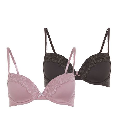 Teens 2 Pack Khaki and Pink Lace Trim Bras | New Look