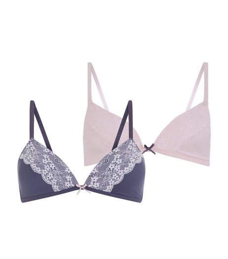 Teens 2 Pack Grey and Pink Lace Trim Bras | New Look
