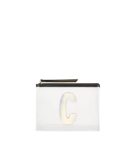 White Holographic C Initial Pouch | New Look