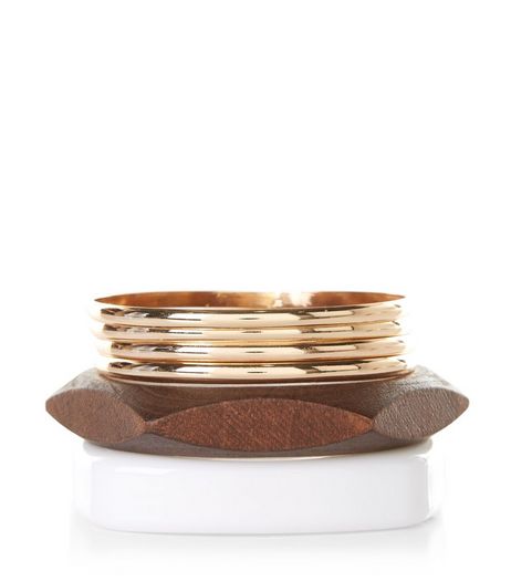 6 Pack Gold and Wood Bangles | New Look