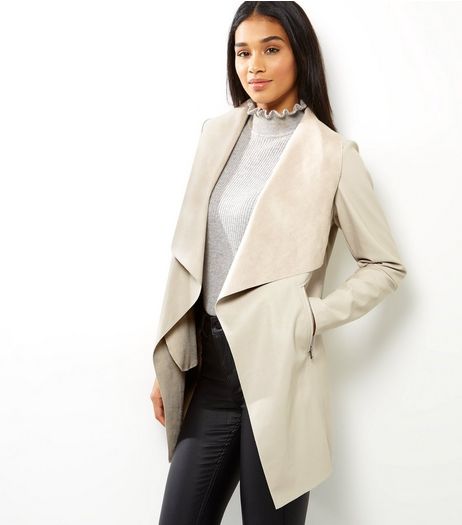 Stone Leather-Look Longline Waterfall Jacket | New Look