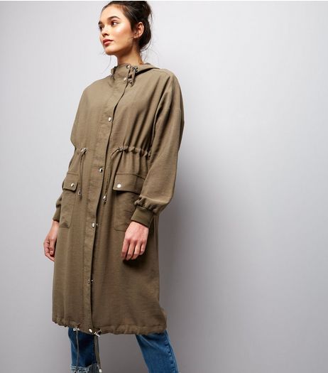 Khaki Hooded Drawstring Hem Longline Duster Coat | New Look