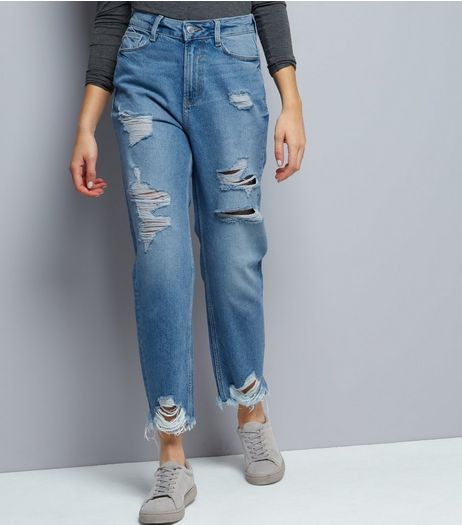 Blue Ripped Straight Leg Tori Jeans | New Look