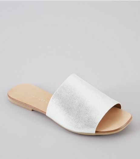Wide Fit Silver Leather Mules | New Look