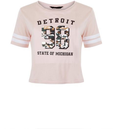 Teens Pink Contrast Sleeve 98 Detroit Print Foil T-Shirt | New Look