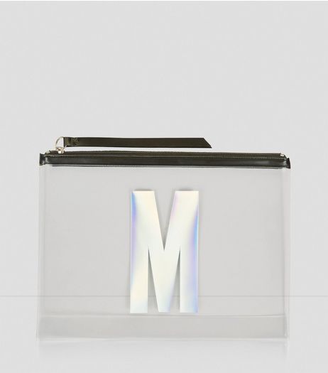 White Holographic M Initial Pouch | New Look
