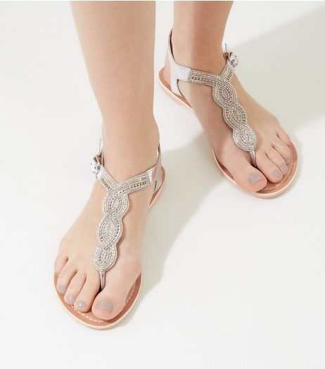 Silver Beaded Leather Sandals | New Look