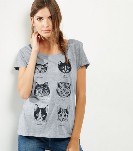 Grey Cat Face Print T-Shirt | New Look