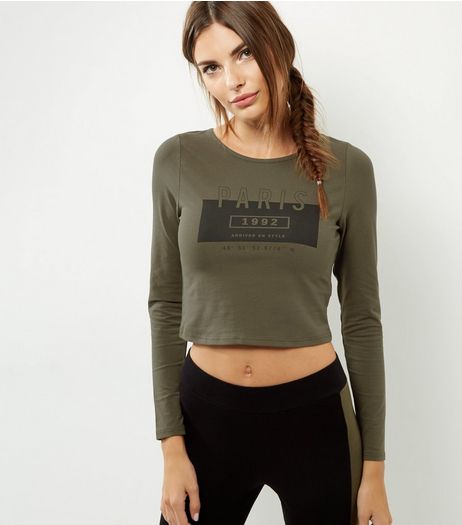Green Paris Print Long Sleeve Crop Top | New Look