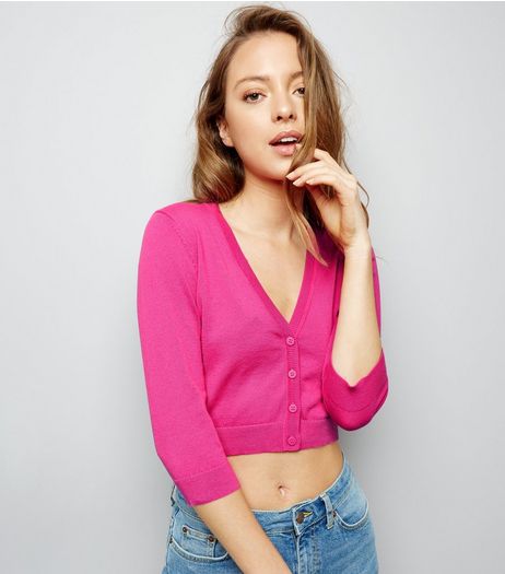 Bright Purple 3/4 Sleeve Cropped Cardigan | New Look