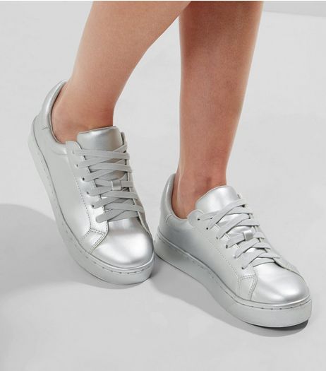Silver Metallic Lace Up Trainers | New Look