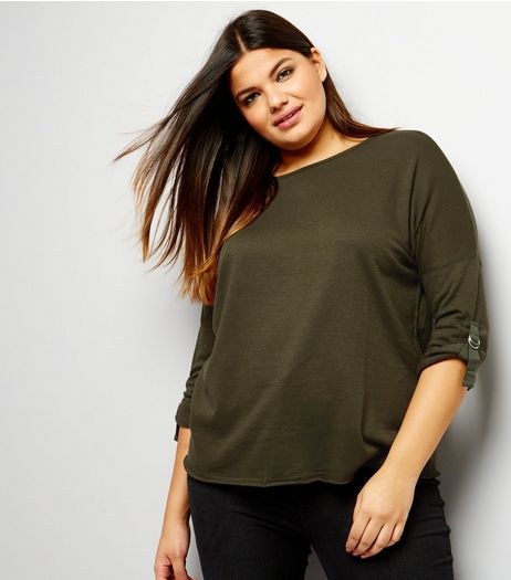 Curves Khaki D Ring Sleeve Sweater | New Look