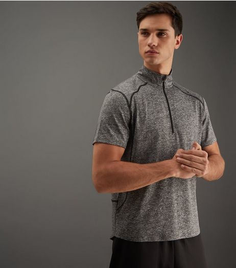 Grey Zip Front Funnel Neck Sports T-Shirt | New Look