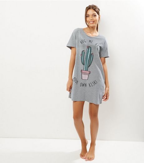 Grey Slogan Cactus Print Night Dress | New Look