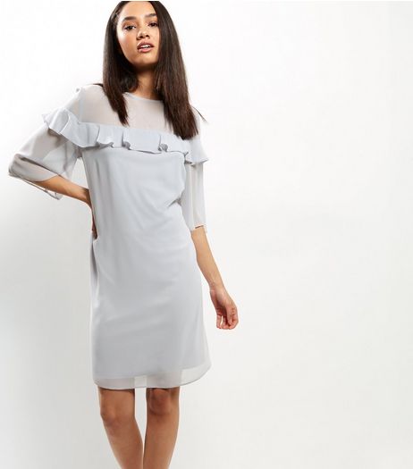 Grey Chiffon Frill Trim 1/2 Sleeve Tunic Dress | New Look