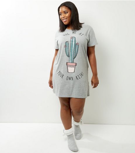 Curves Grey Slogan Cactus Print Night Dress | New Look