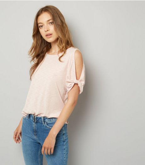 Pink Twist Sleeve Cold Shoulder T-Shirt | New Look