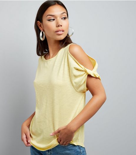 Yellow Twist Sleeve Cold Shoulder T-Shirt | New Look