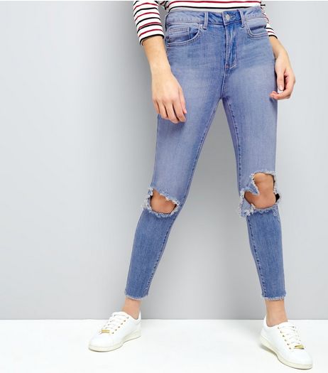 Blue Ripped Knee Fray Hem Skinny Jenna Jeans | New Look