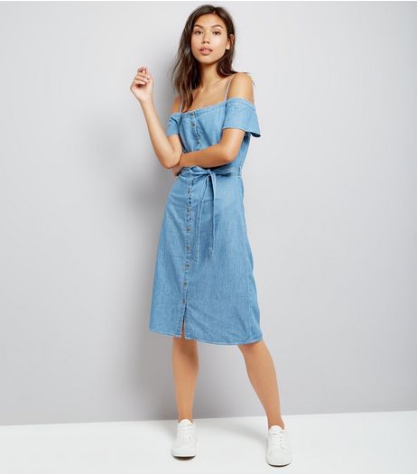 Blue Button Front Cold Shoulder Denim Midi Dress | New Look