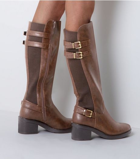 Wide Fit Brown Buckle Trim Riding Boots | New Look