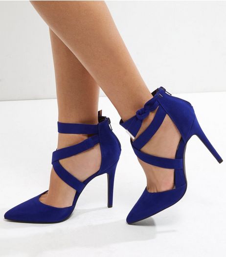 Blue Suedette Cross Front Tie Side Heels | New Look