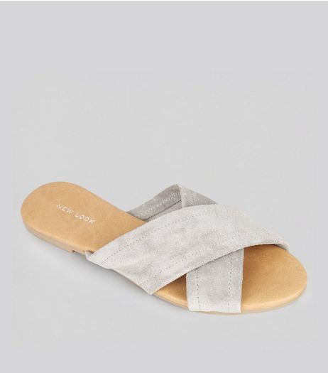 Grey Suede Cross Strap Mules | New Look