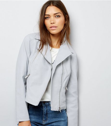 Grey Leather-Look Biker Jacket | New Look