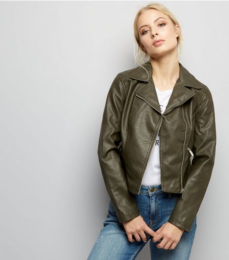Dark Green Leather-Look Biker Jacket | New Look