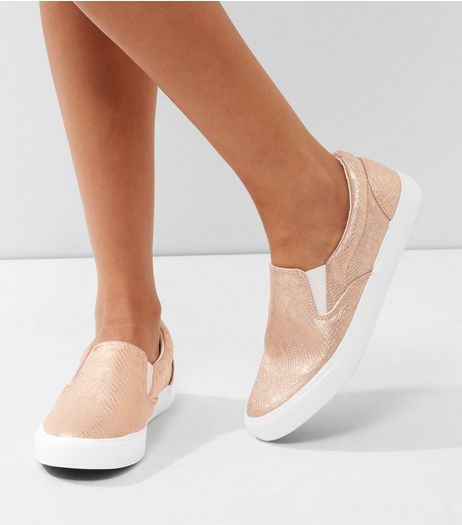 Pink Metallic Snakeskin Slip On Plimsolls | New Look