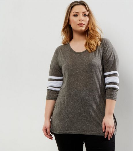 Curves Khaki Stripe 3/4 Sleeve T-Shirt | New Look