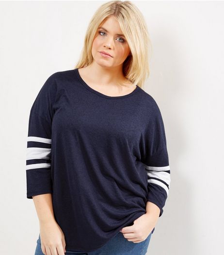 Curves Blue Stripe 3/4 Sleeve T-Shirt | New Look