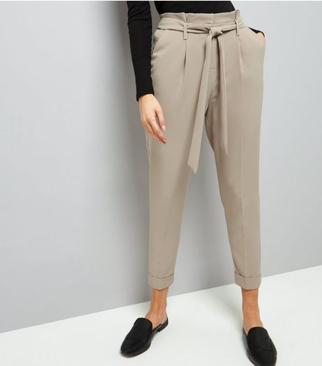 Stone Tie Waist Turn Up Hem Trousers | New Look