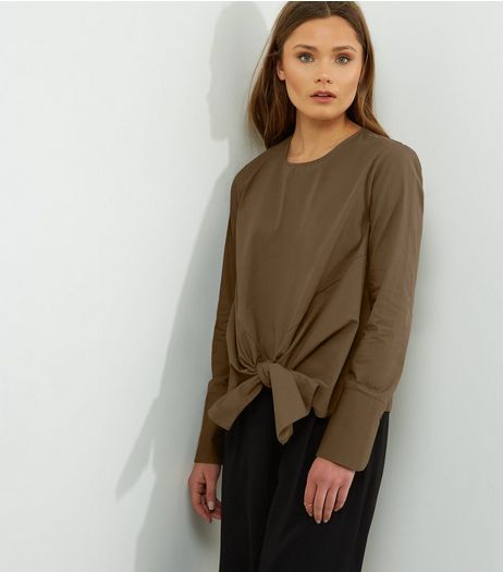 Khaki Tie Front Long Sleeve Top | New Look