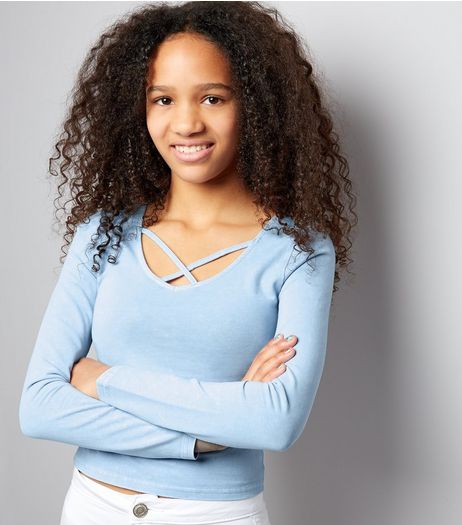 Teens Blue Acid Washed Long Sleeve Lattice Front Top | New Look