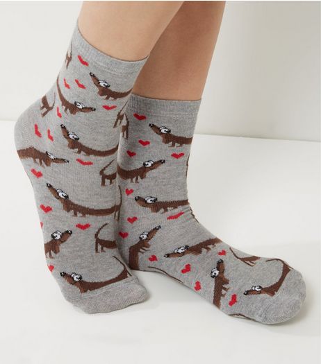 Grey Sausage Dog Print Socks | New Look