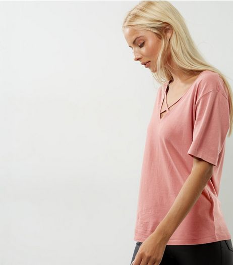 Pink Cross Front V Neck T-Shirt | New Look