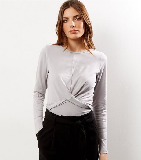 Pale Grey Twist Front Long Sleeve Top | New Look