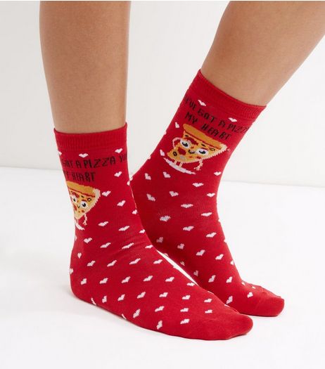 Red Pizza My Heart Print Socks | New Look