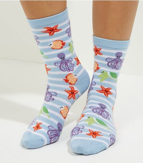 Blue Sea Creature Print Socks | New Look