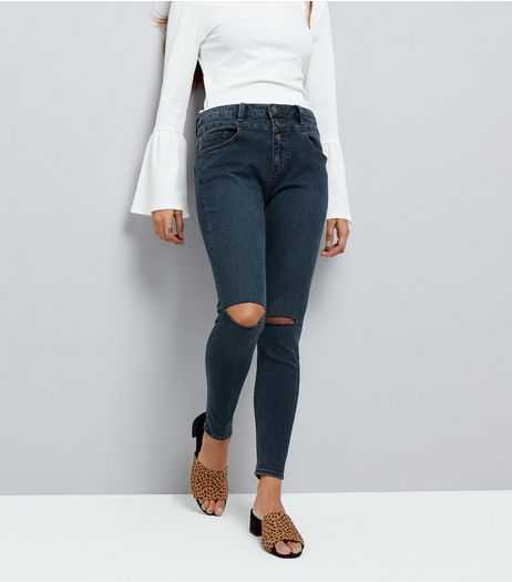 Petite Blue High Waist Ripped Knee Super Skinny Jeans | New Look