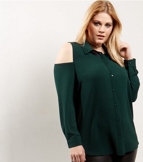 Curves Dark Green Cold Shoulder Shirt | New Look