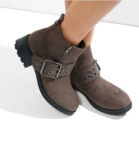 Grey Suedette Eyelet Biker Boots | New Look