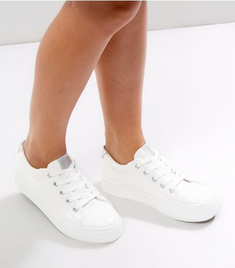 Wide Fit White Contrast Metallic Trim Trainers | New Look
