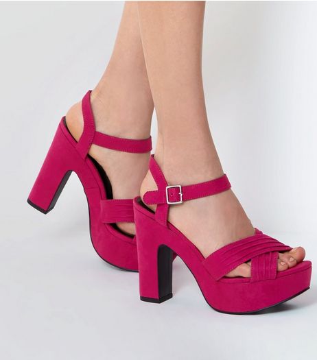 Wide Fit Bright Pink Suedette Cross Front Platform Sandals | New Look