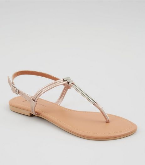Wide Fit Rose Gold Toe Post Metal Bar Sandals | New Look